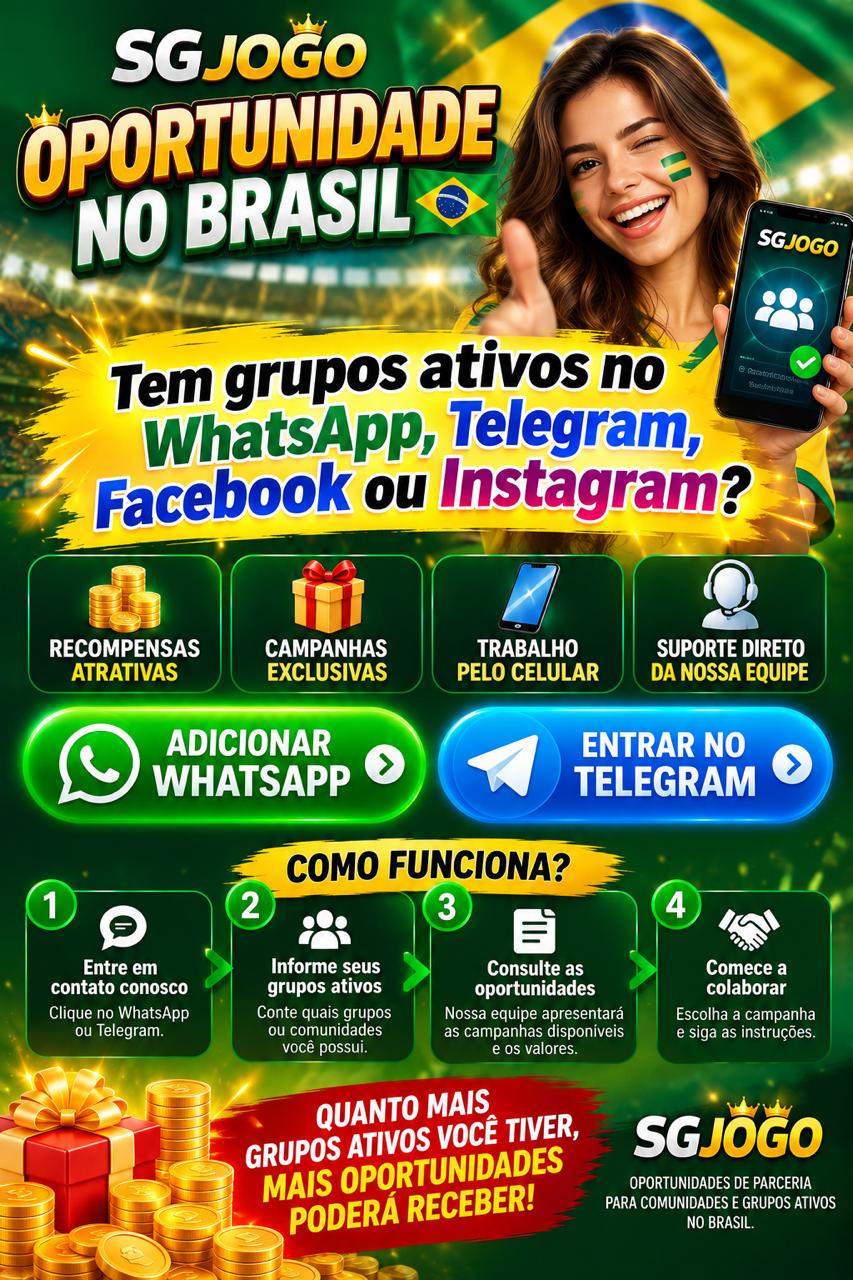 SGJOGO. Tem grupos ativos no WhatsApp, Telegram, Facebook ou Instagram? Entre em contato para conhecer as campanhas e oportunidades de parceria.